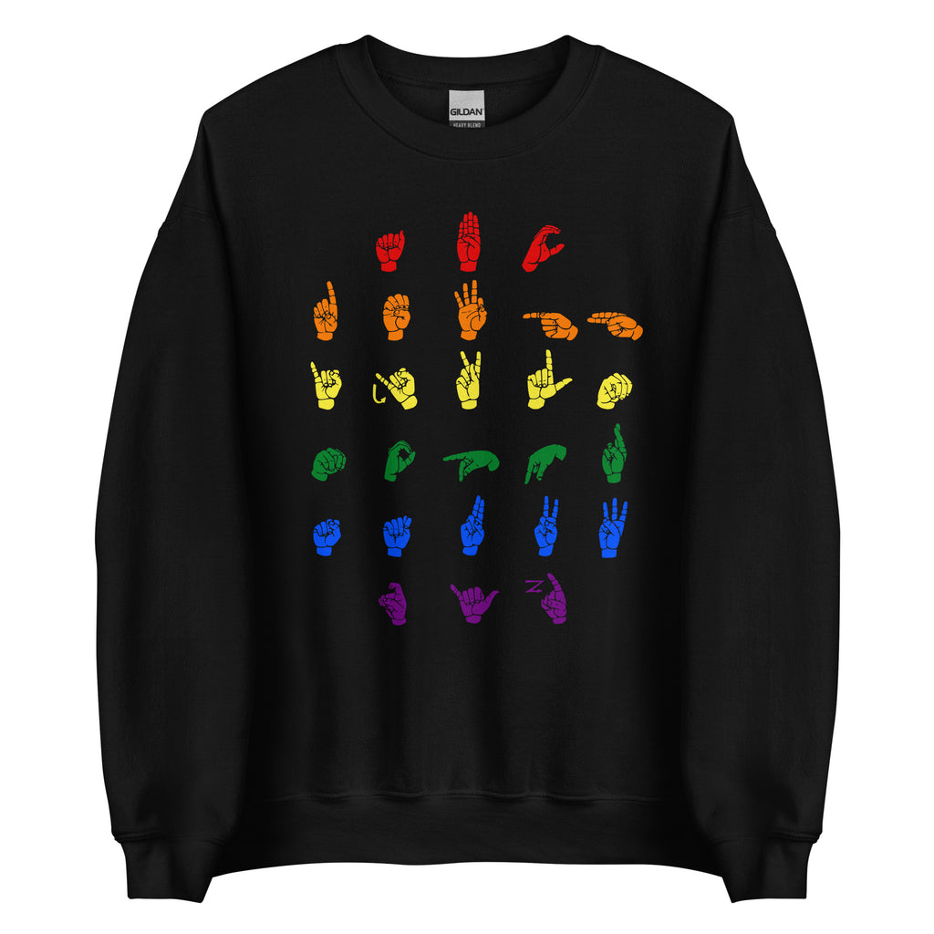 Front view of a black sweatshirt with ASL Alphabet - Pride Fingerspelling