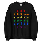 Front view of a black sweatshirt with ASL Alphabet - Pride Fingerspelling