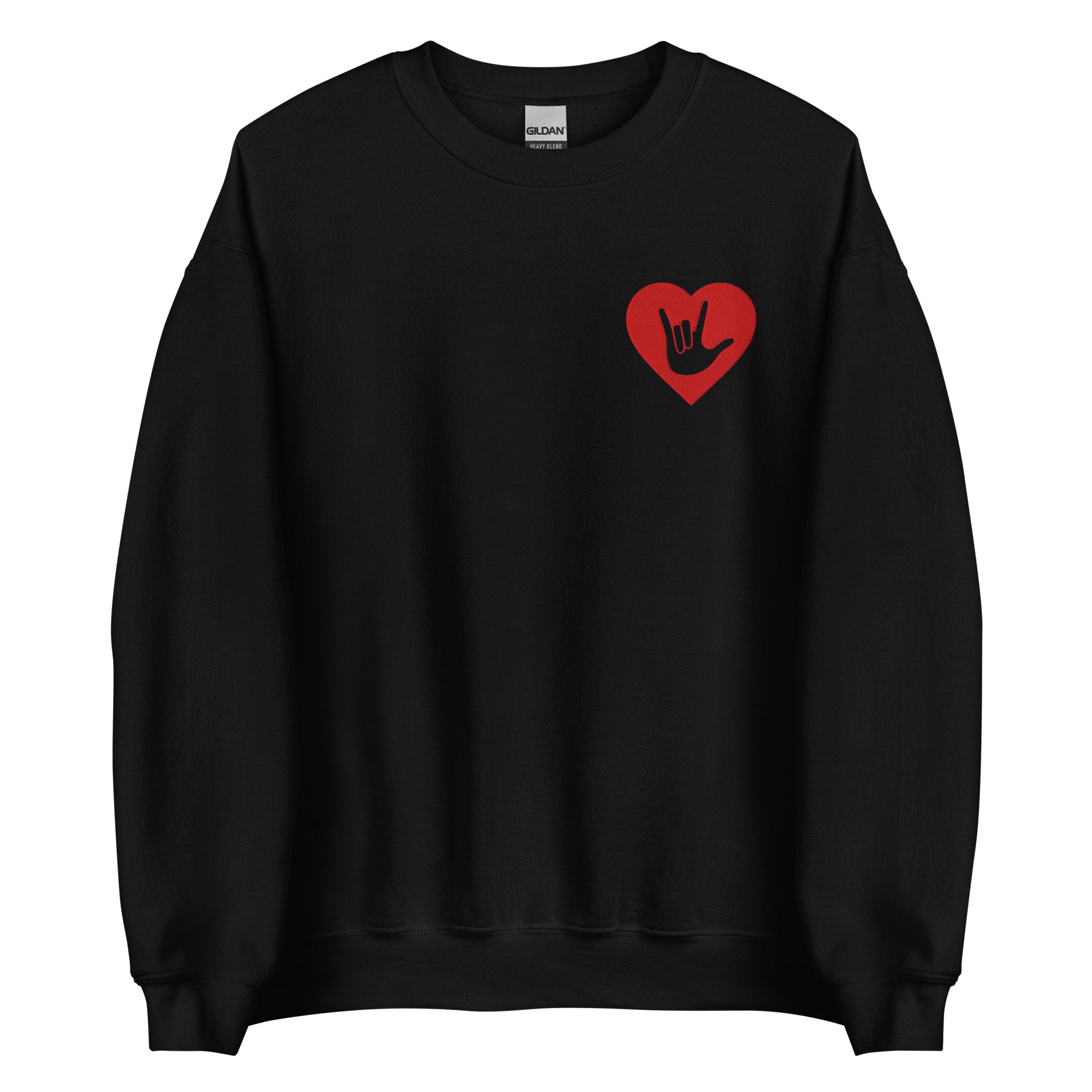 Front view of a black sweatshirt showing a red coloured heart and the iconic ASL I Love You sign embedded in it on the left side of the chest