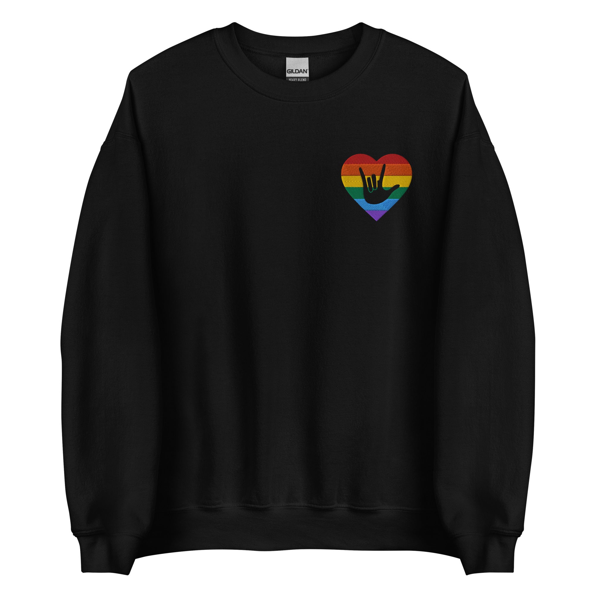Front view of a black sweatshirt showing a pride coloured heart and the iconic ASL I Love You sign embedded in it on the left side of the chest