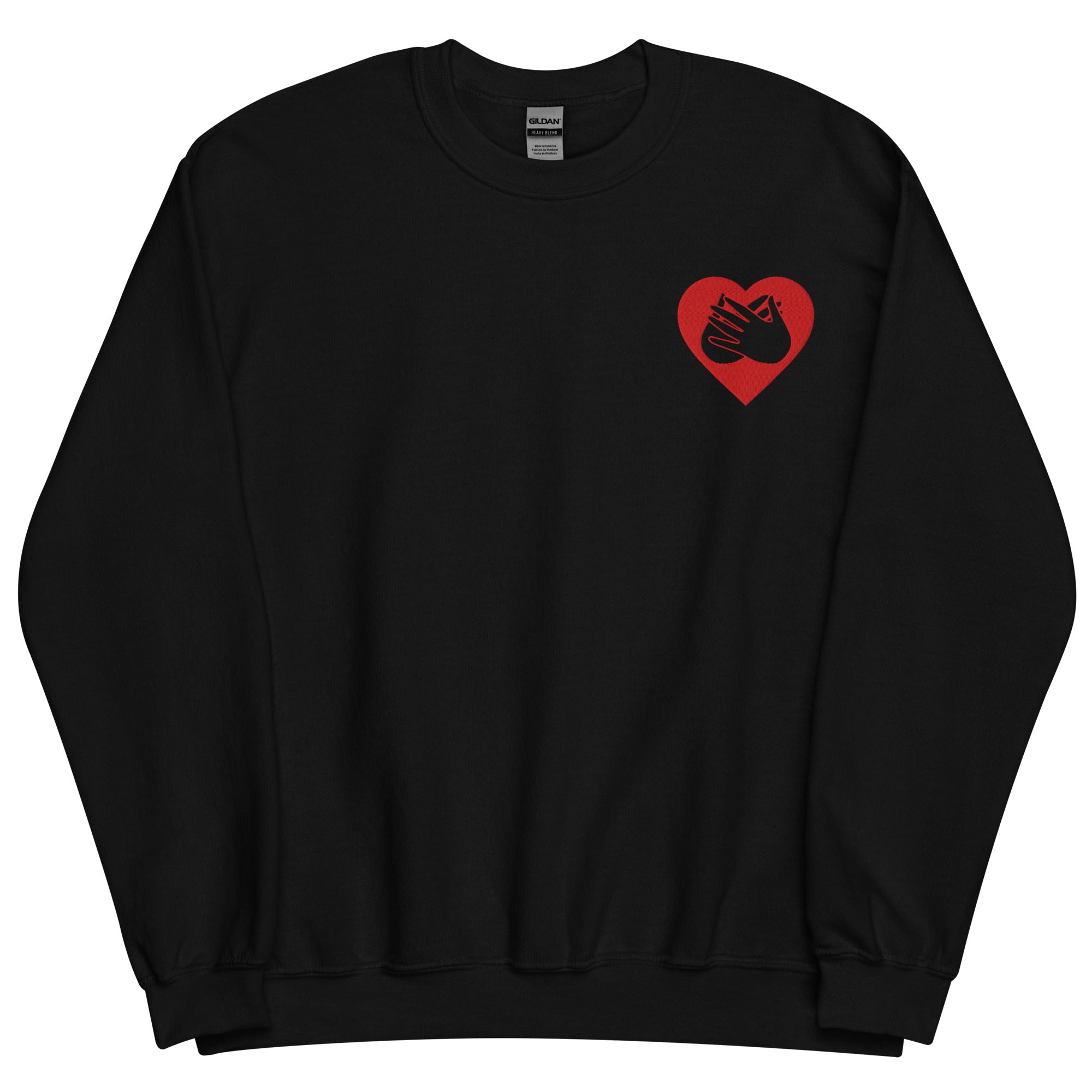 Front view of a black sweatshirt showing a red coloured heart and the iconic BSL Love sign embedded in it on the left side of the chest