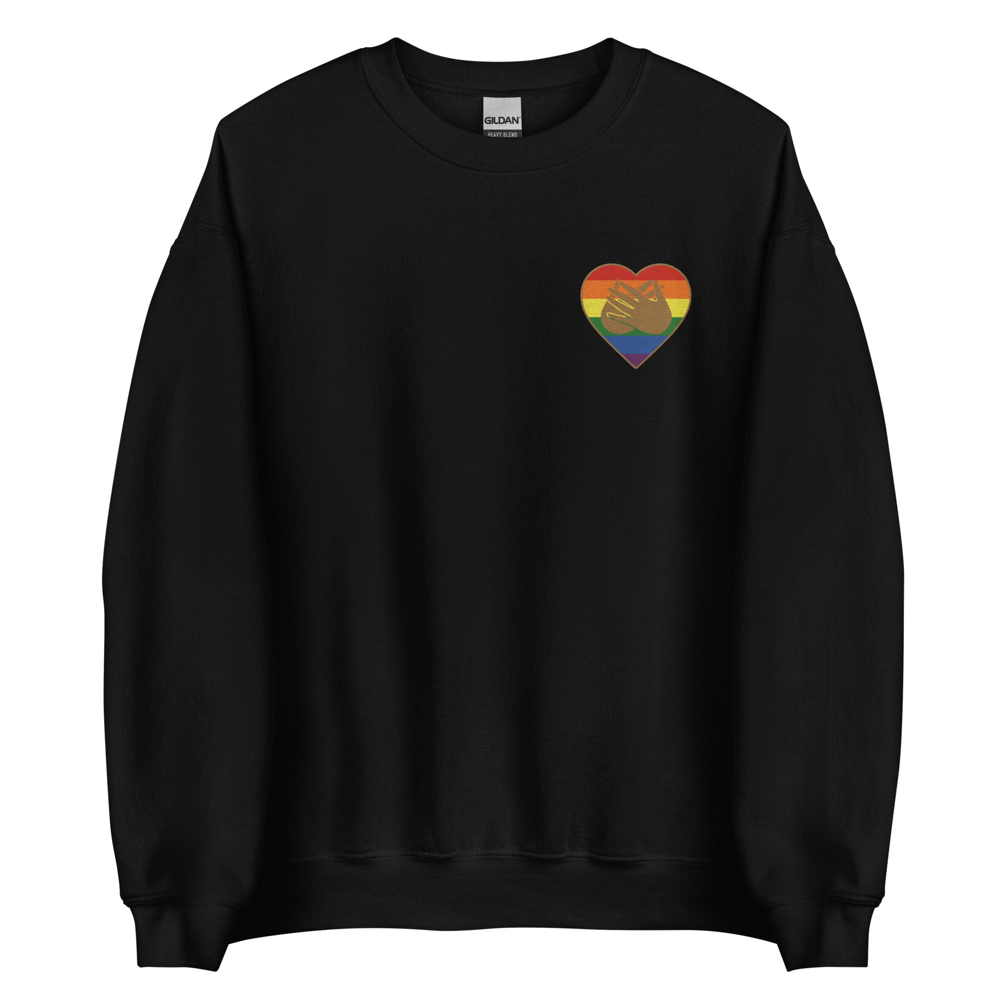 Front view of a black sweatshirt showing a pride coloured heart and the iconic BSL Love sign embedded in it on the left side of the chest