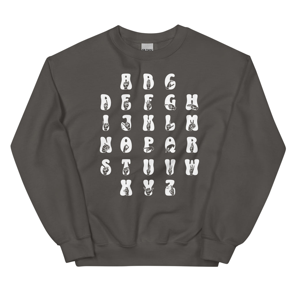 Front view of a charcoal sweatshirt with ASL Alphabet - White Fingerspelling & Text