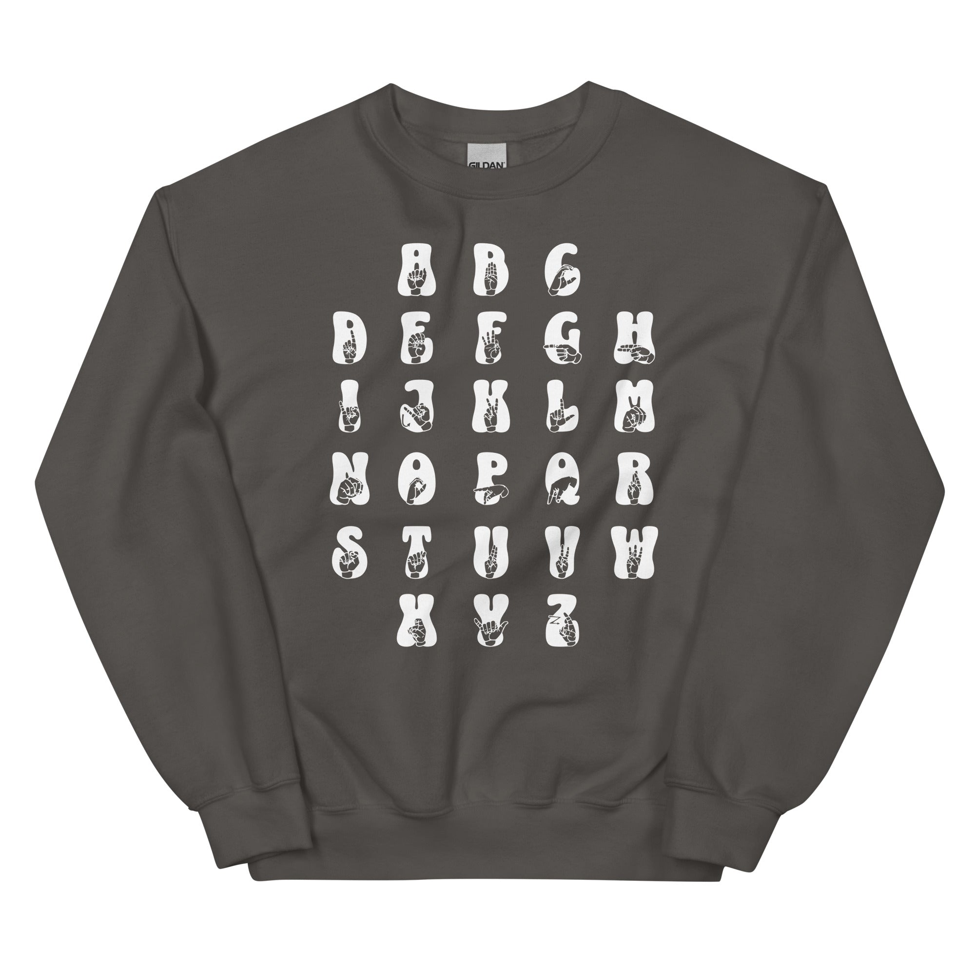 Front view of a charcoal sweatshirt with ASL Alphabet - White Fingerspelling & Text
