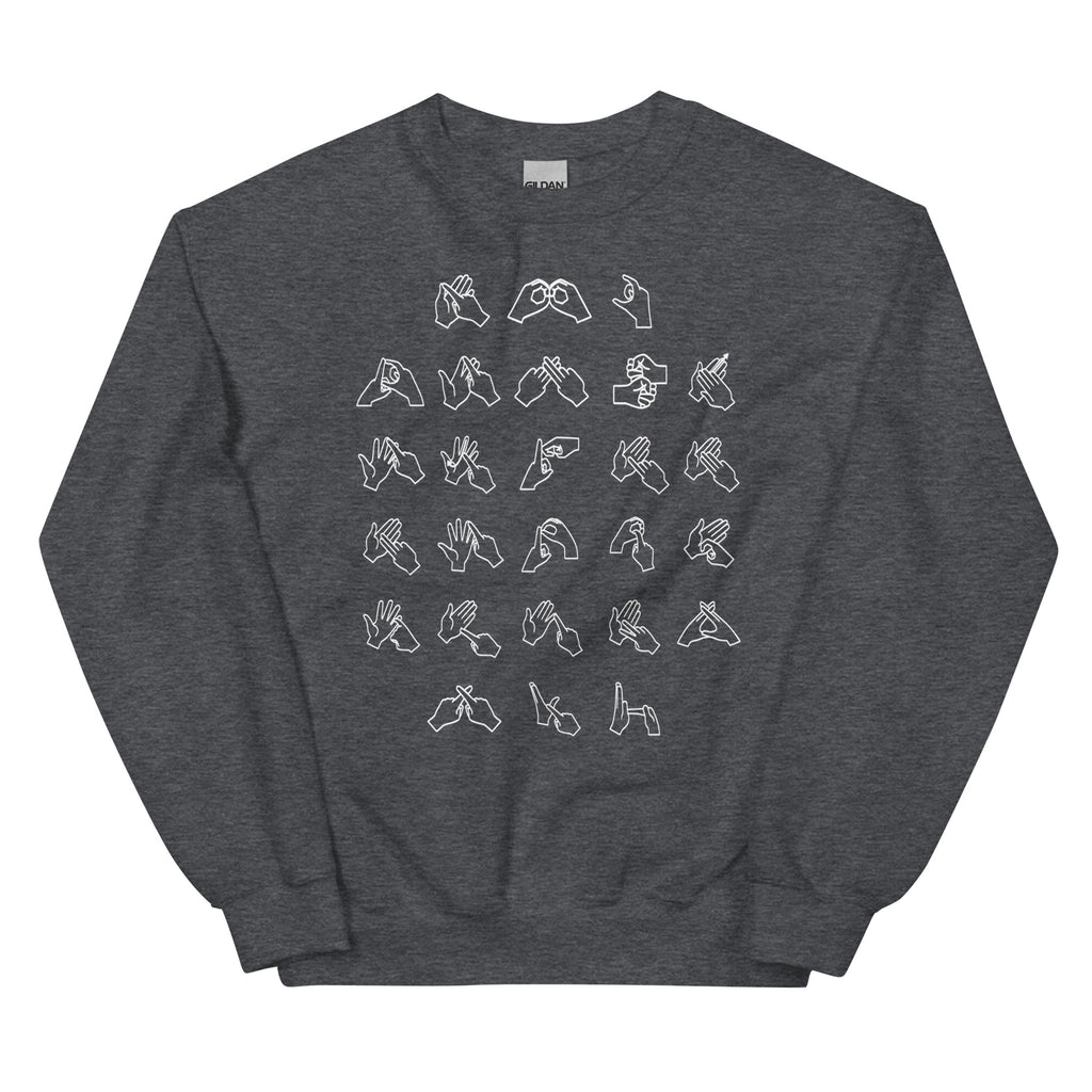 Front view of a dark heather sweatshirt with BSL Alphabet - White Fingerspelling