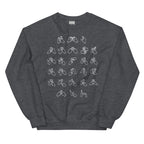 Front view of a dark heather sweatshirt with BSL Alphabet - White Fingerspelling