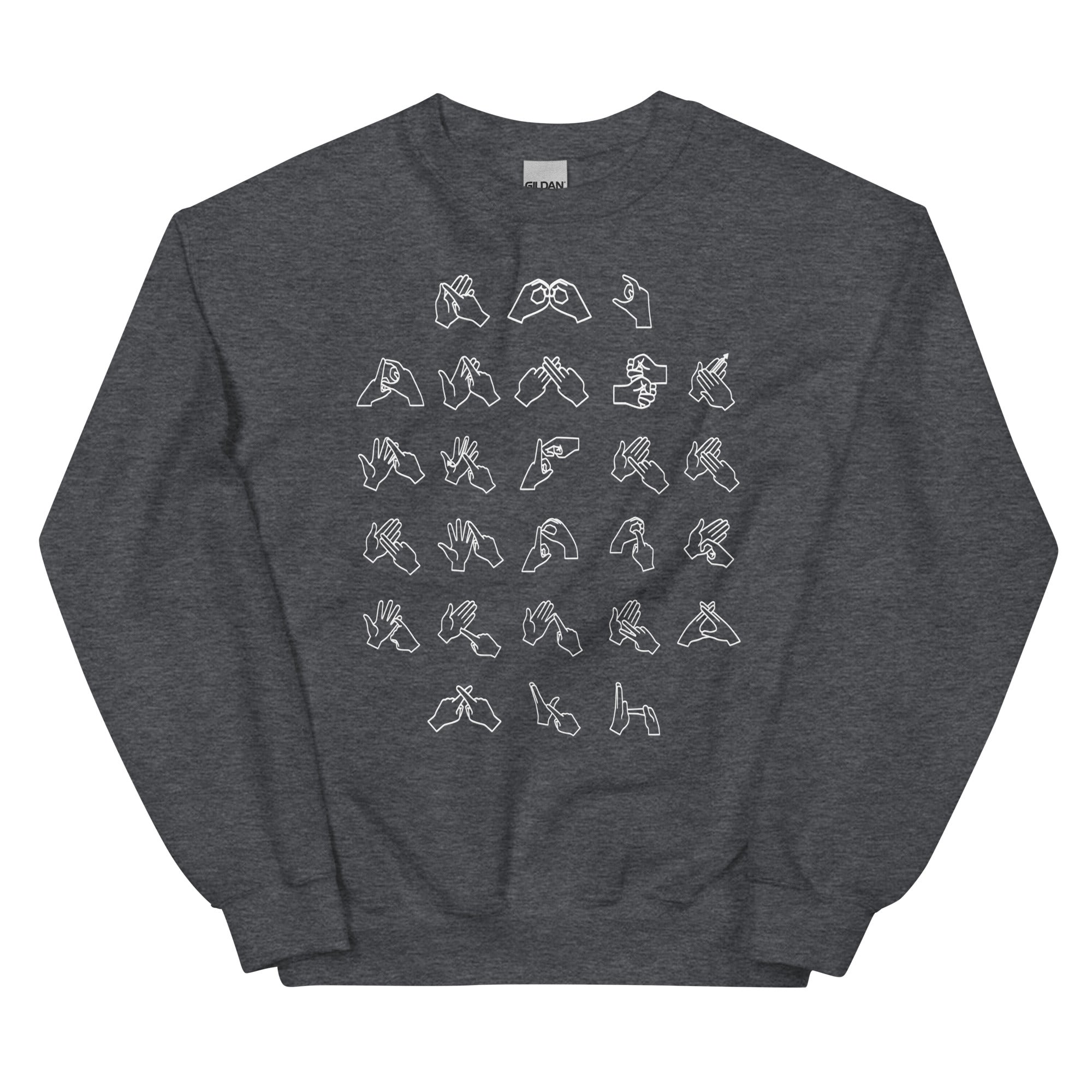 Front view of a dark heather sweatshirt with BSL Alphabet - White Fingerspelling