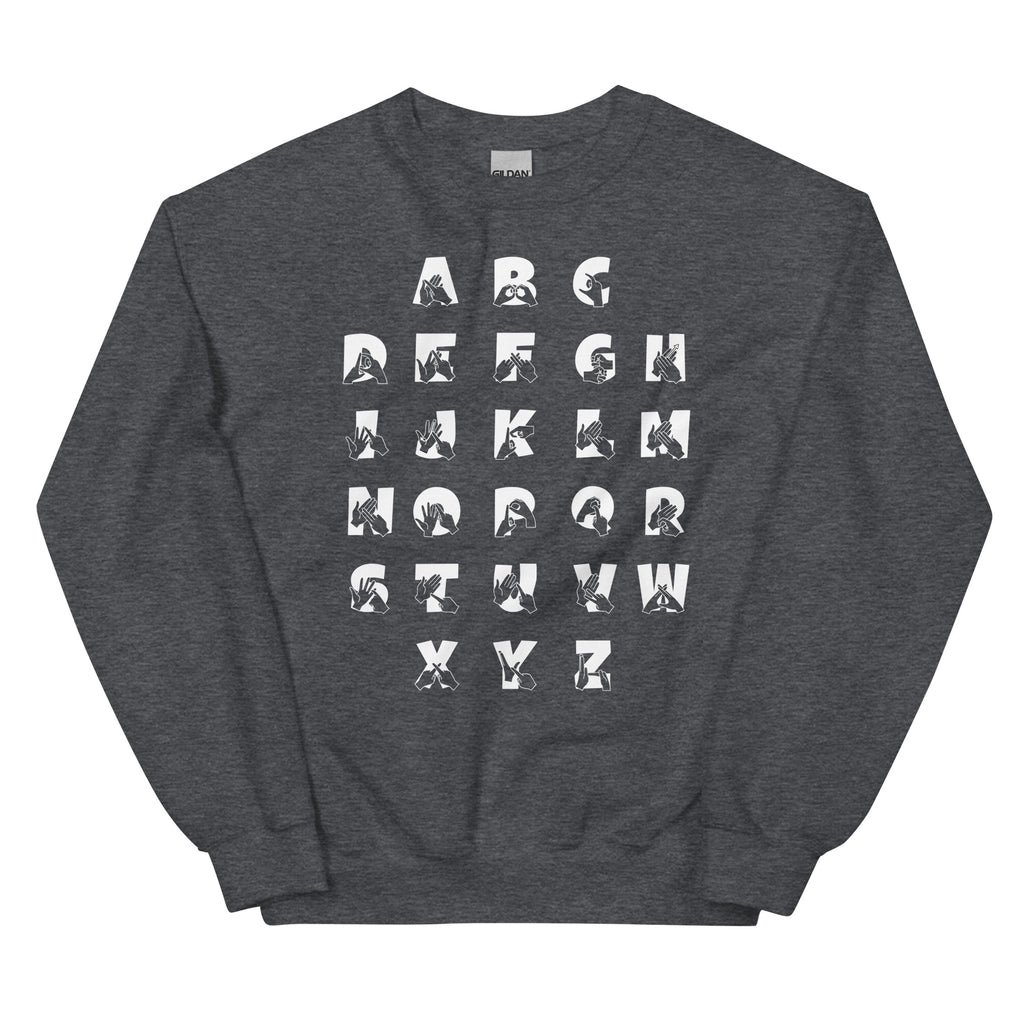Front view of a dark heather sweatshirt with BSL Alphabet - White Fingerspelling & Text