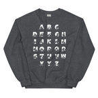 Front view of a dark heather sweatshirt with BSL Alphabet - White Fingerspelling & Text