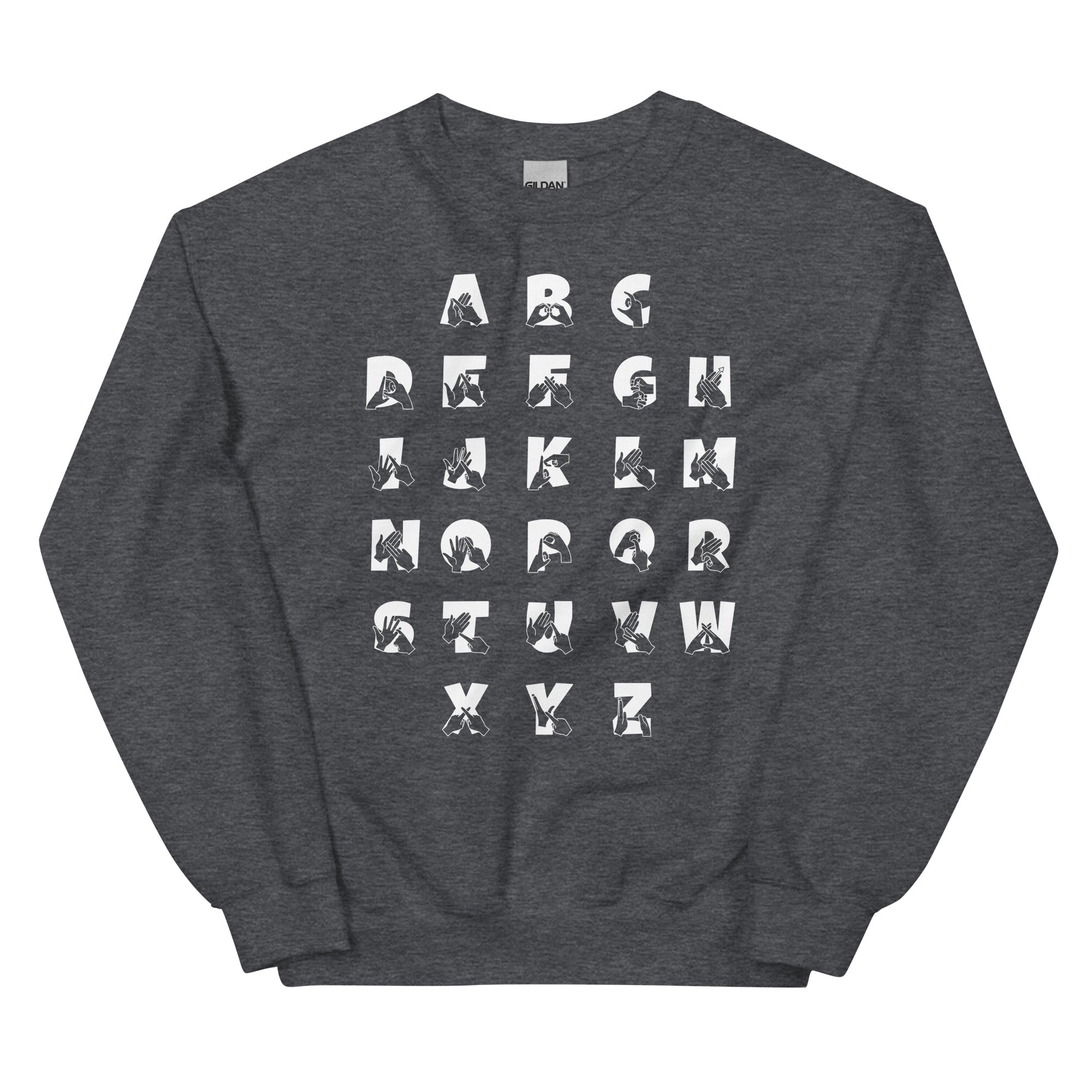 Front view of a dark heather sweatshirt with BSL Alphabet - White Fingerspelling & Text