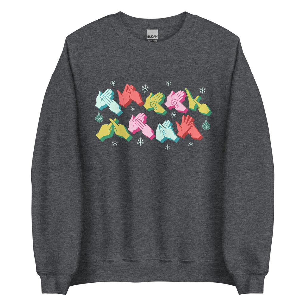 Dark heather coloured Merry Christmas sweatshirt with snowflakes and BSL design.