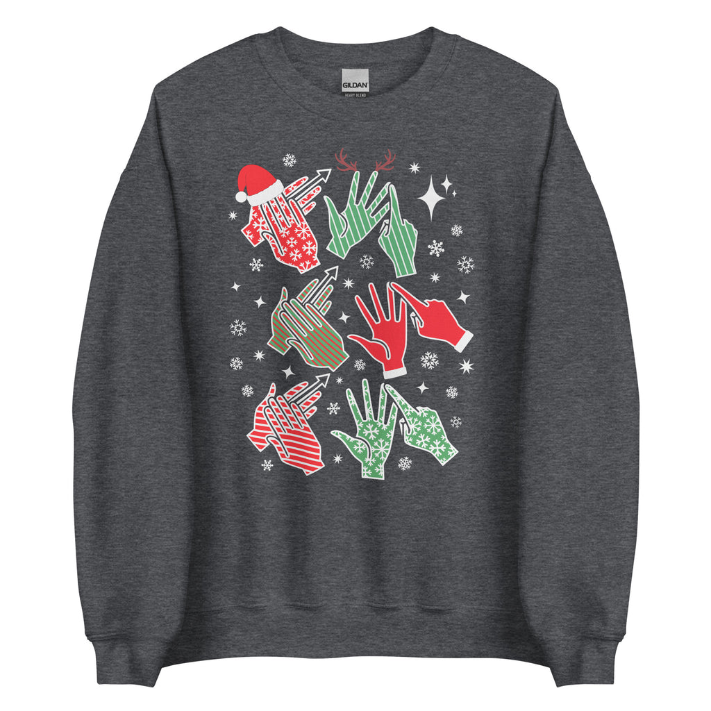 Dark heather coloured Merry Christmas sweatshirt saying HO HO HO and BSL fingerspelling.