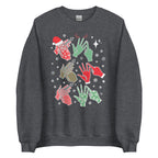 Dark heather coloured Merry Christmas sweatshirt saying HO HO HO and BSL fingerspelling.
