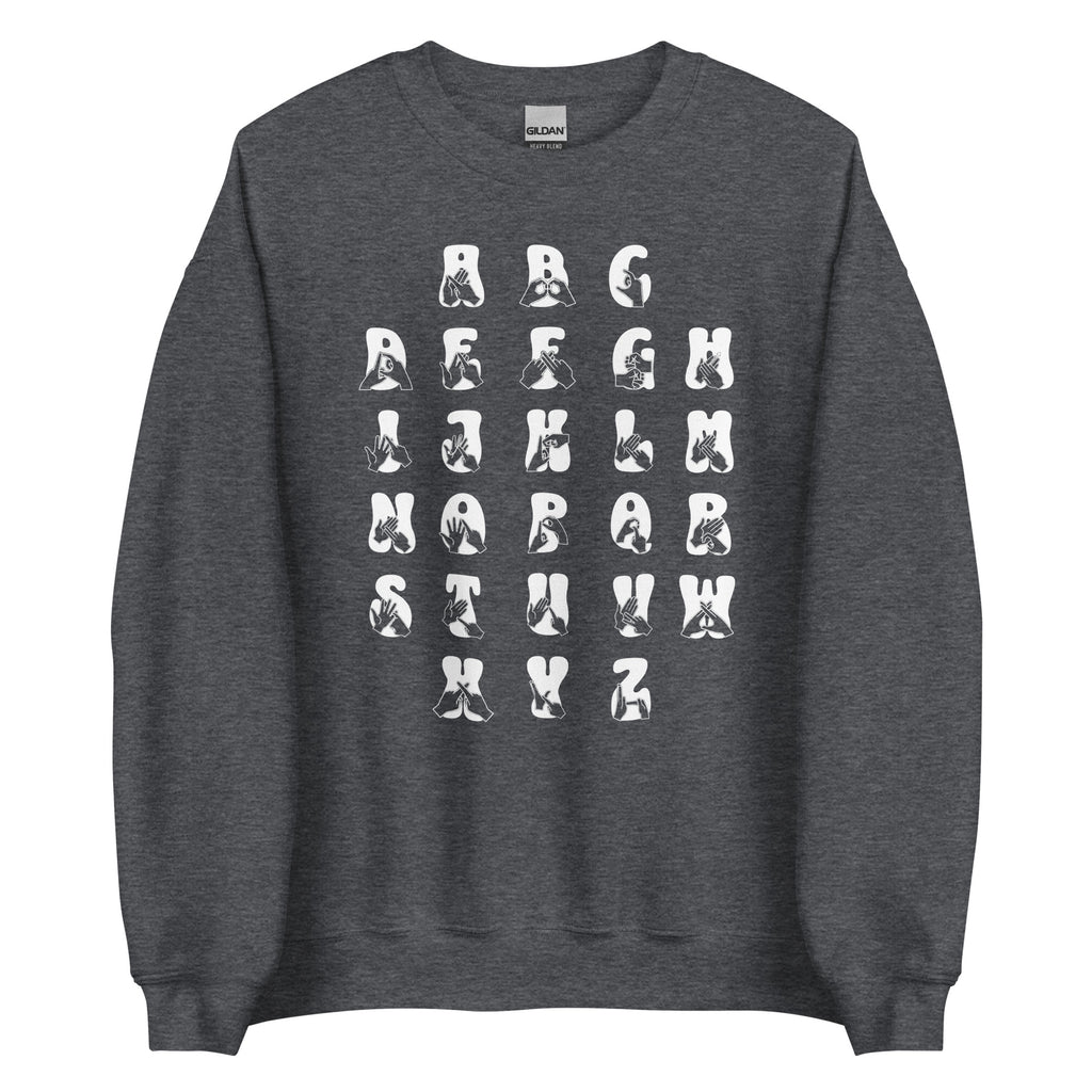 Front view of a dark heather sweatshirt with BSL Alphabet - White Fingerspelling & Text