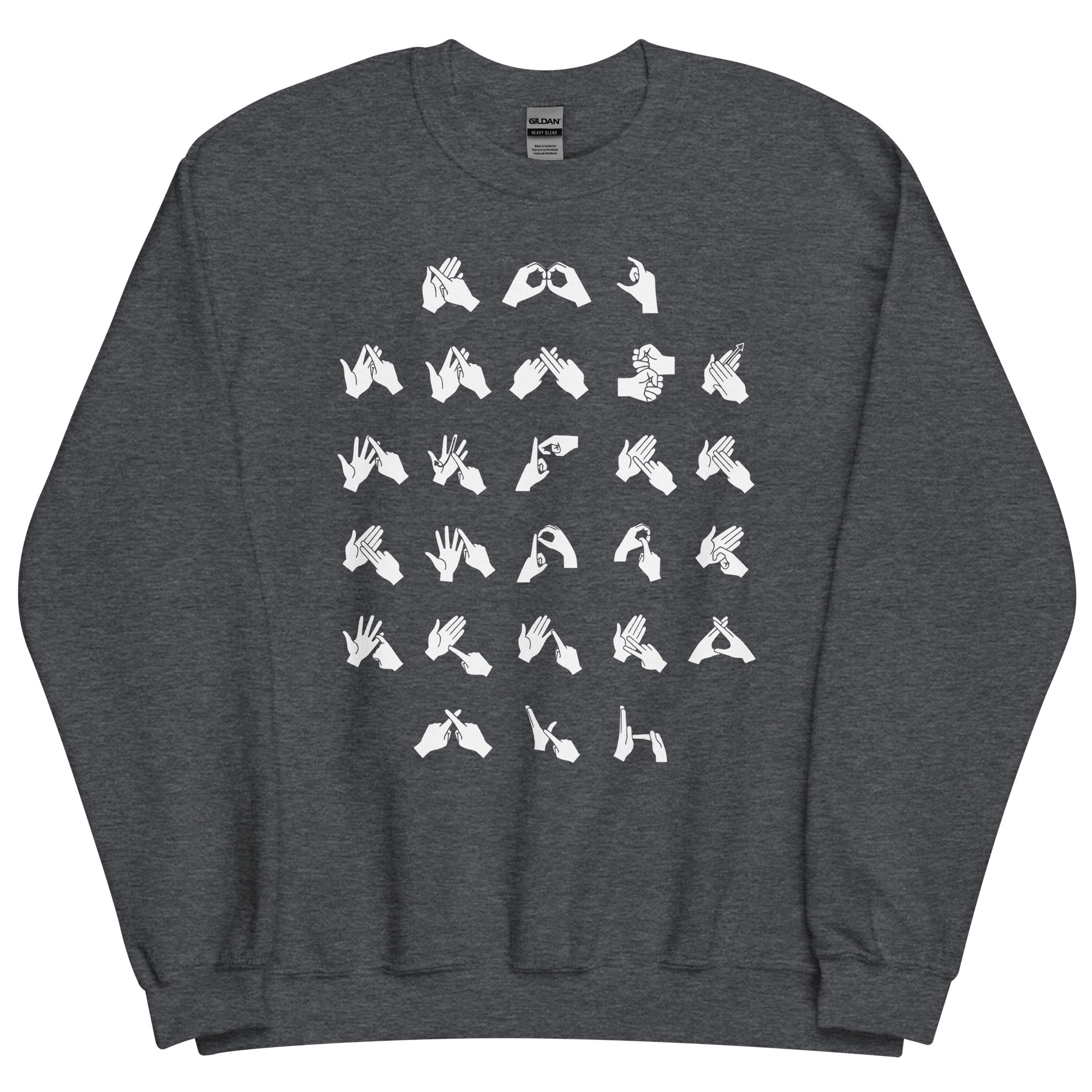 Front view of a dark heather sweatshirt with BSL Alphabet - White Fingerspelling