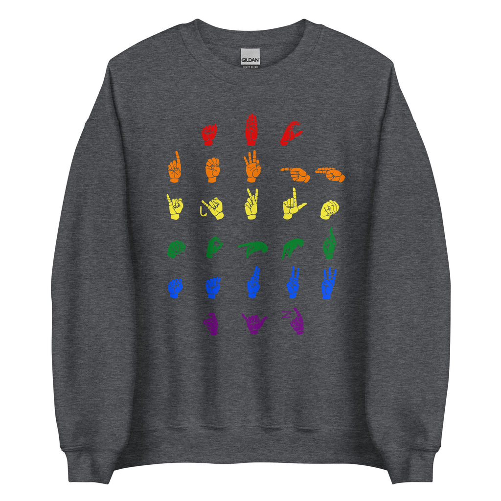 Front view of a dark heather sweatshirt with ASL Alphabet - Pride Fingerspelling