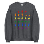 Front view of a dark heather sweatshirt with ASL Alphabet - Pride Fingerspelling