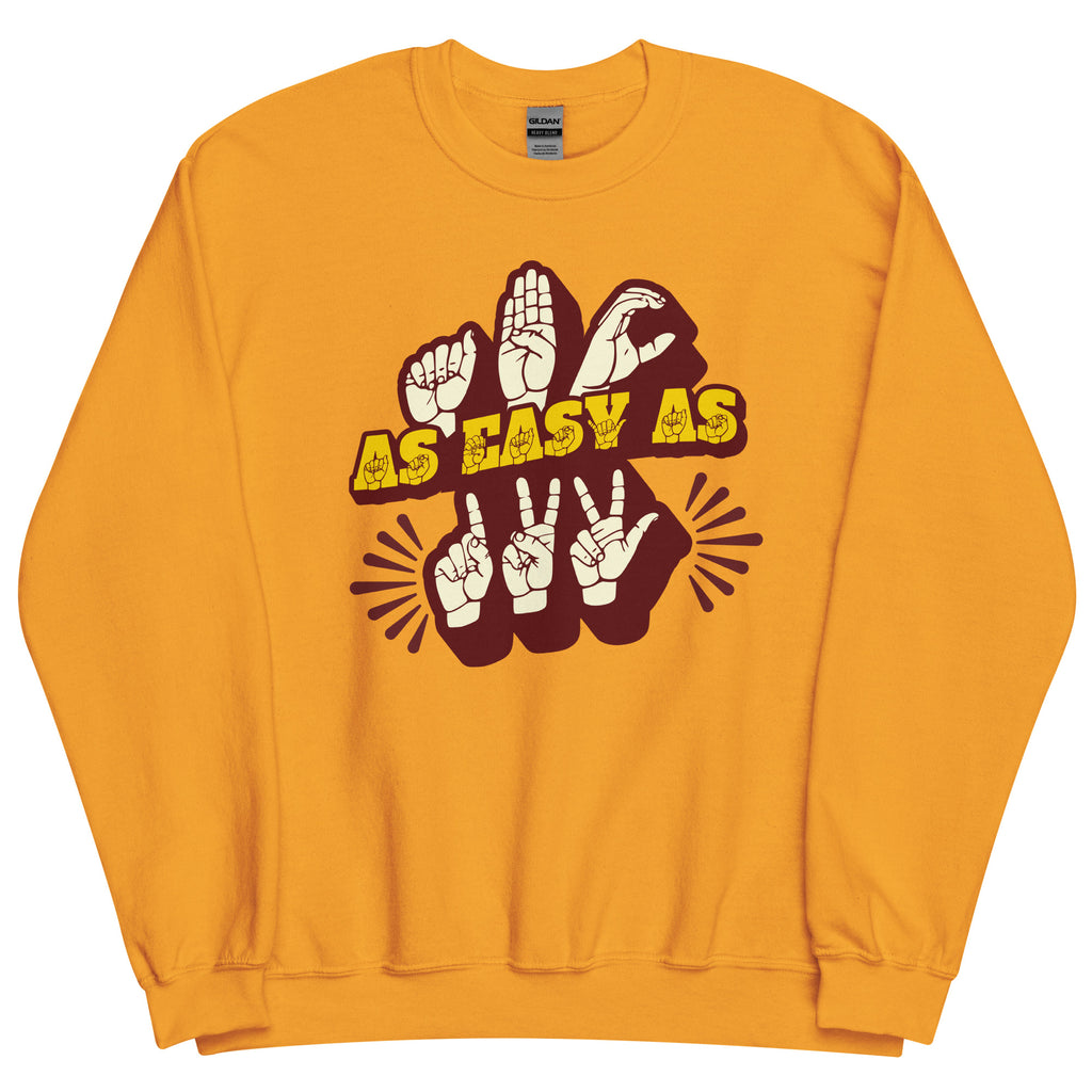 Gold sweatshirt with ‘ABC As Easy As 123’ in ASL fingerspelling and text characters