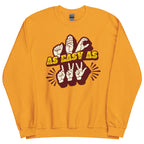 Gold sweatshirt with ‘ABC As Easy As 123’ in ASL fingerspelling and text characters