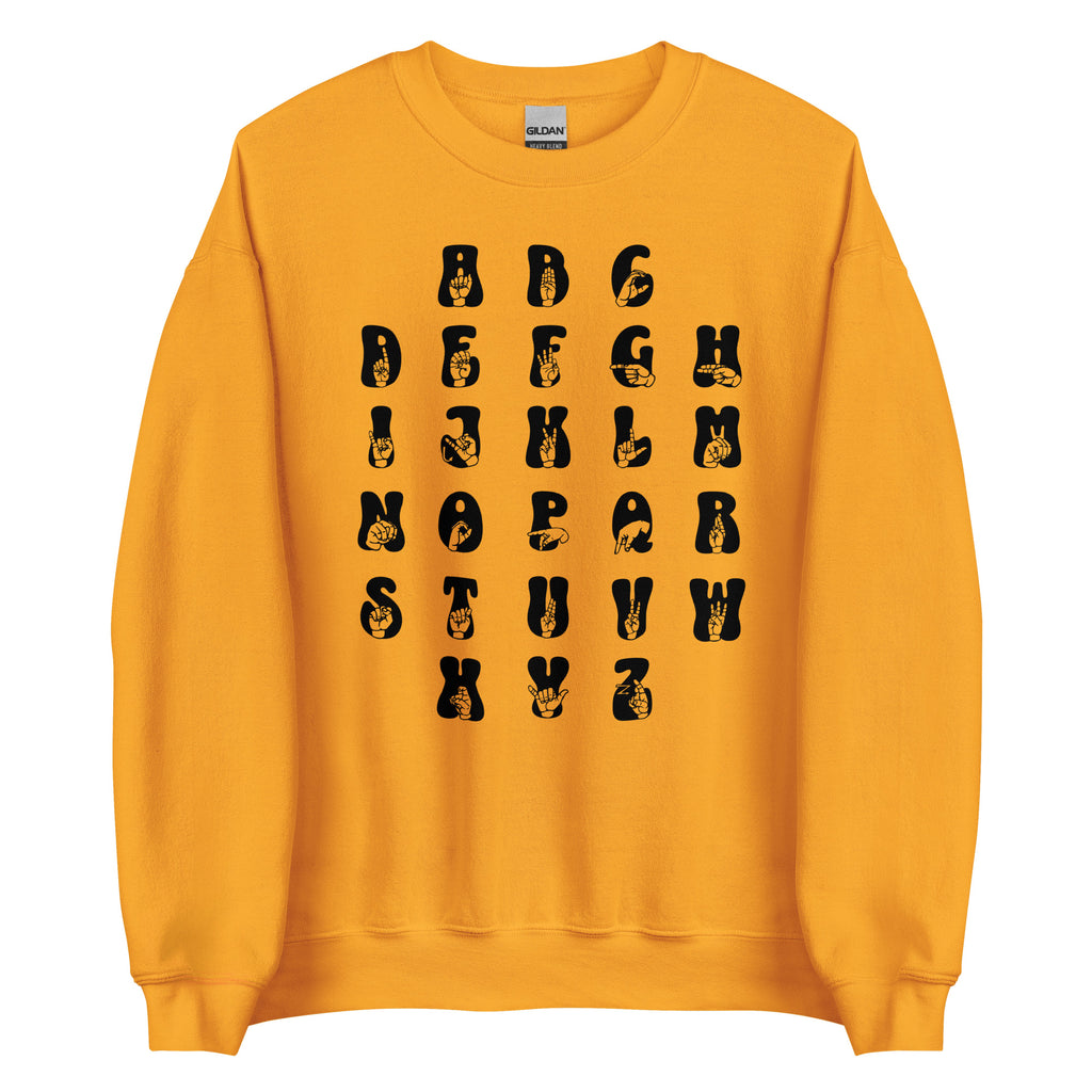 Front view of a gold sweatshirt with ASL Alphabet - Black Fingerspelling & Text