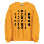 Front view of a gold sweatshirt with ASL Alphabet - Black Fingerspelling & Text