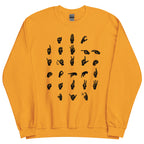 Front view of a gold sweatshirt with ASL Alphabet - Black Fingerspelling