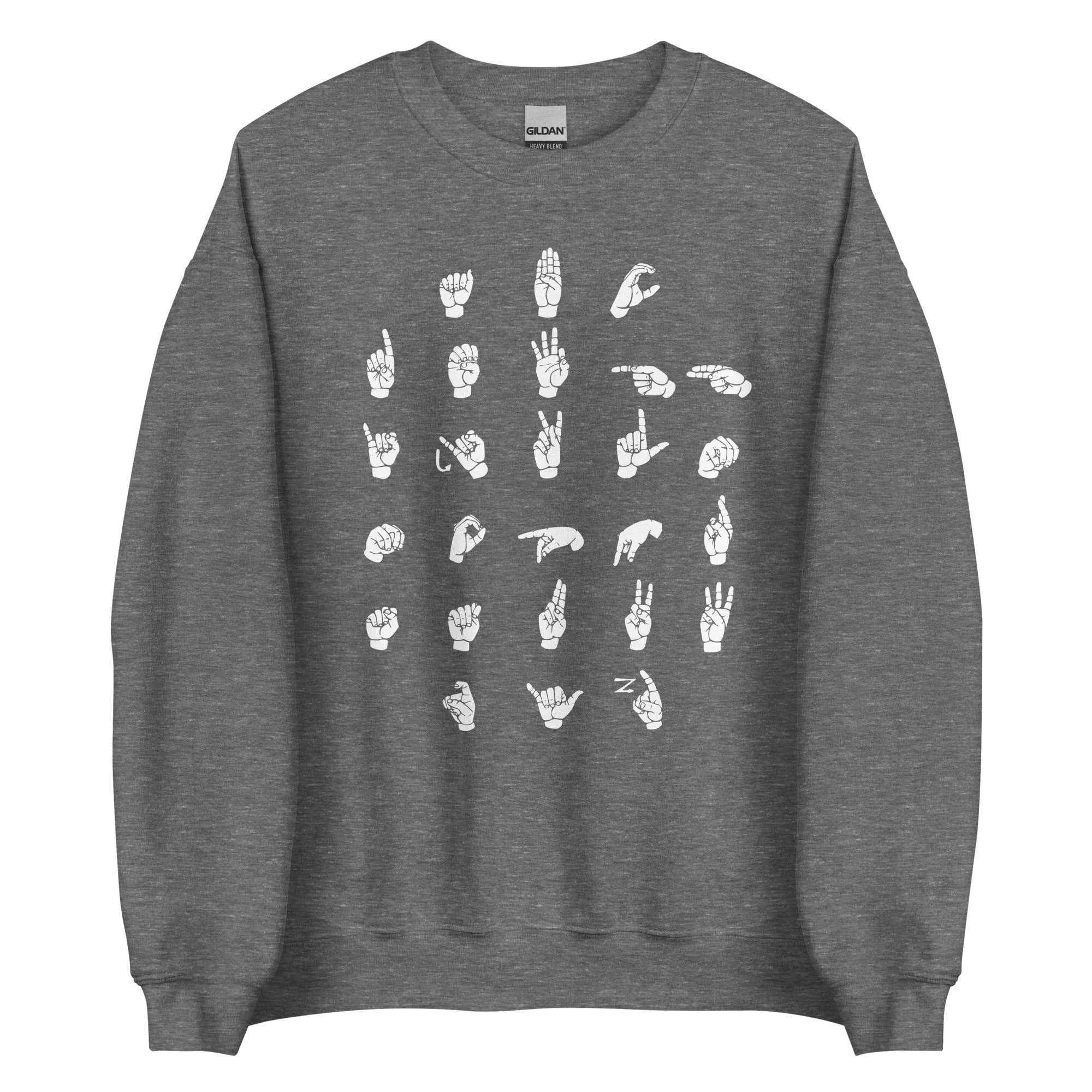 Front view of a graphite heather sweatshirt with ASL Alphabet - White Fingerspelling