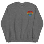 Front view of a graphite heather sweatshirt showing a pride coloured heart and the iconic BSL Love sign embedded in it on the left side of the chest