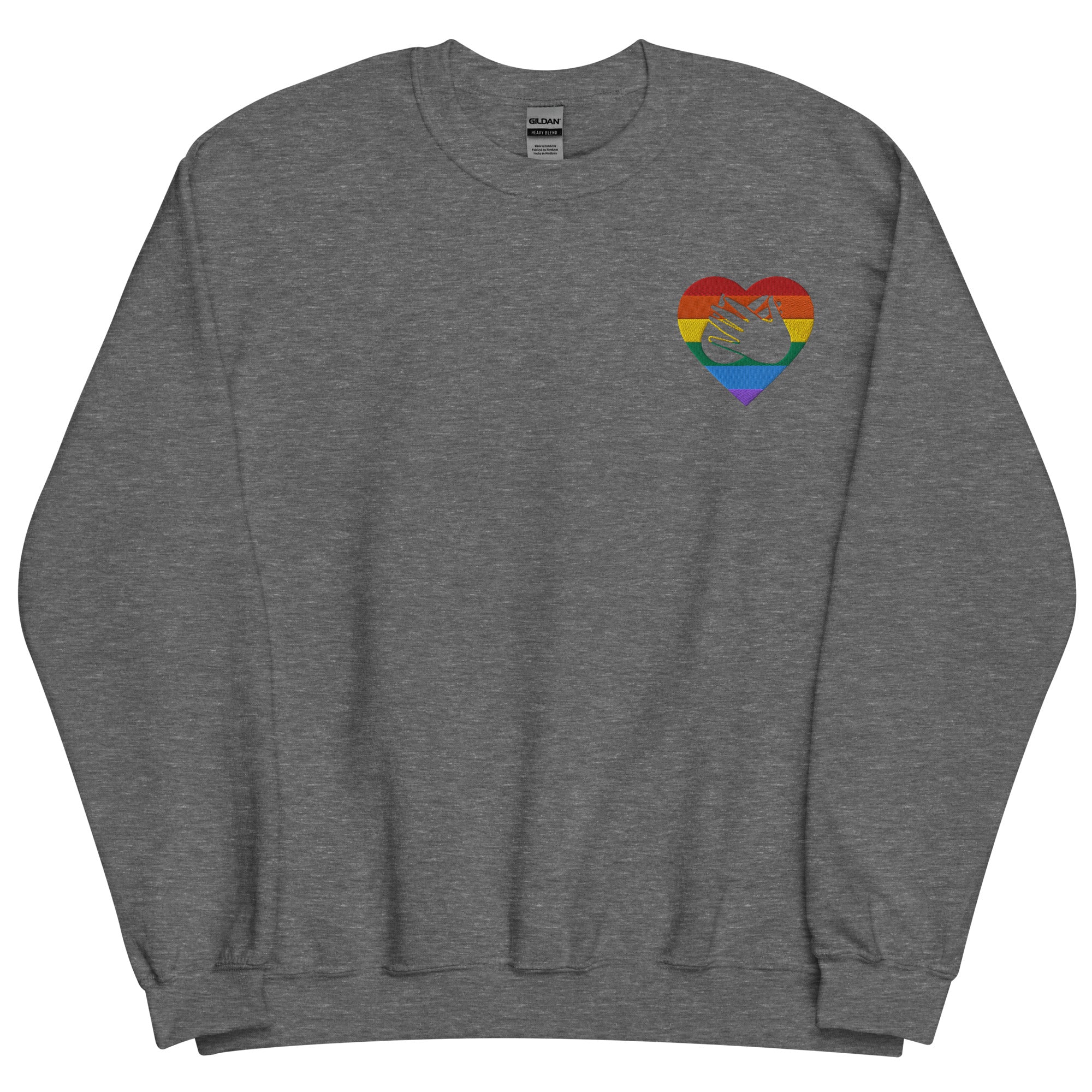 Front view of a graphite heather sweatshirt showing a pride coloured heart and the iconic BSL Love sign embedded in it on the left side of the chest