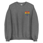Front view of a graphite heather sweatshirt showing a pride coloured heart and the iconic BSL Love sign embedded in it on the left side of the chest