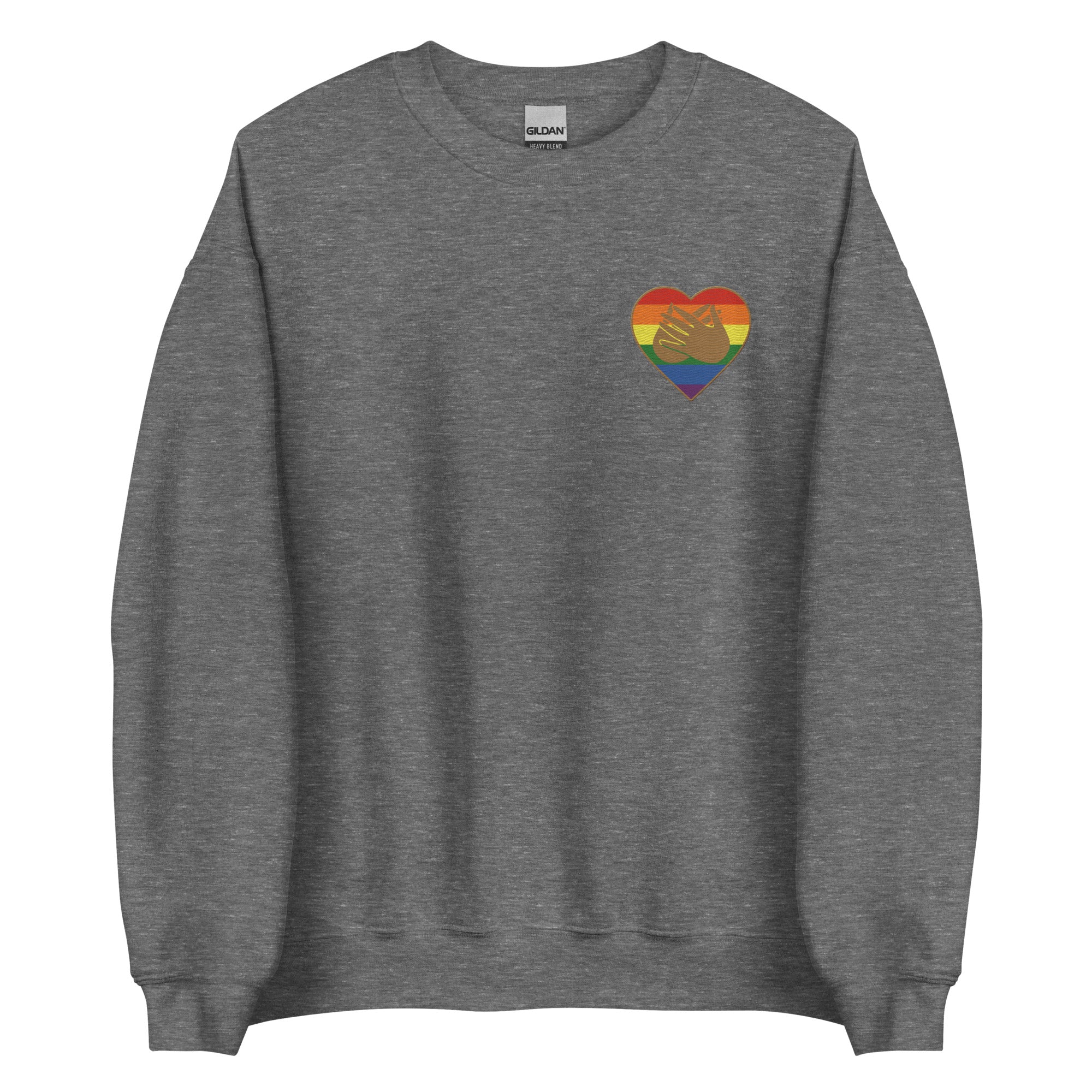 Front view of a graphite heather sweatshirt showing a pride coloured heart and the iconic BSL Love sign embedded in it on the left side of the chest