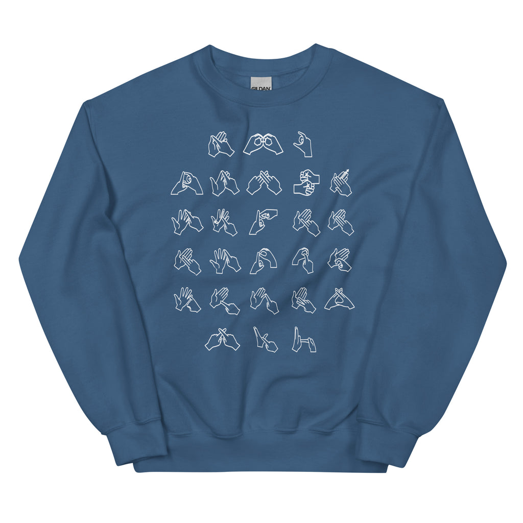 Front view of a indigo blue sweatshirt with BSL Alphabet - White Fingerspelling