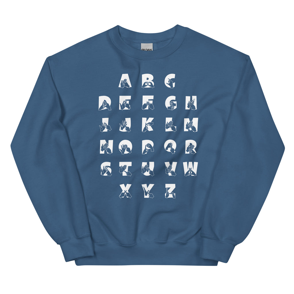 Front view of a indigo blue sweatshirt with BSL Alphabet - White Fingerspelling & Text