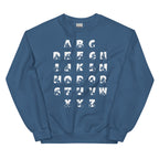 Front view of a indigo blue sweatshirt with BSL Alphabet - White Fingerspelling & Text