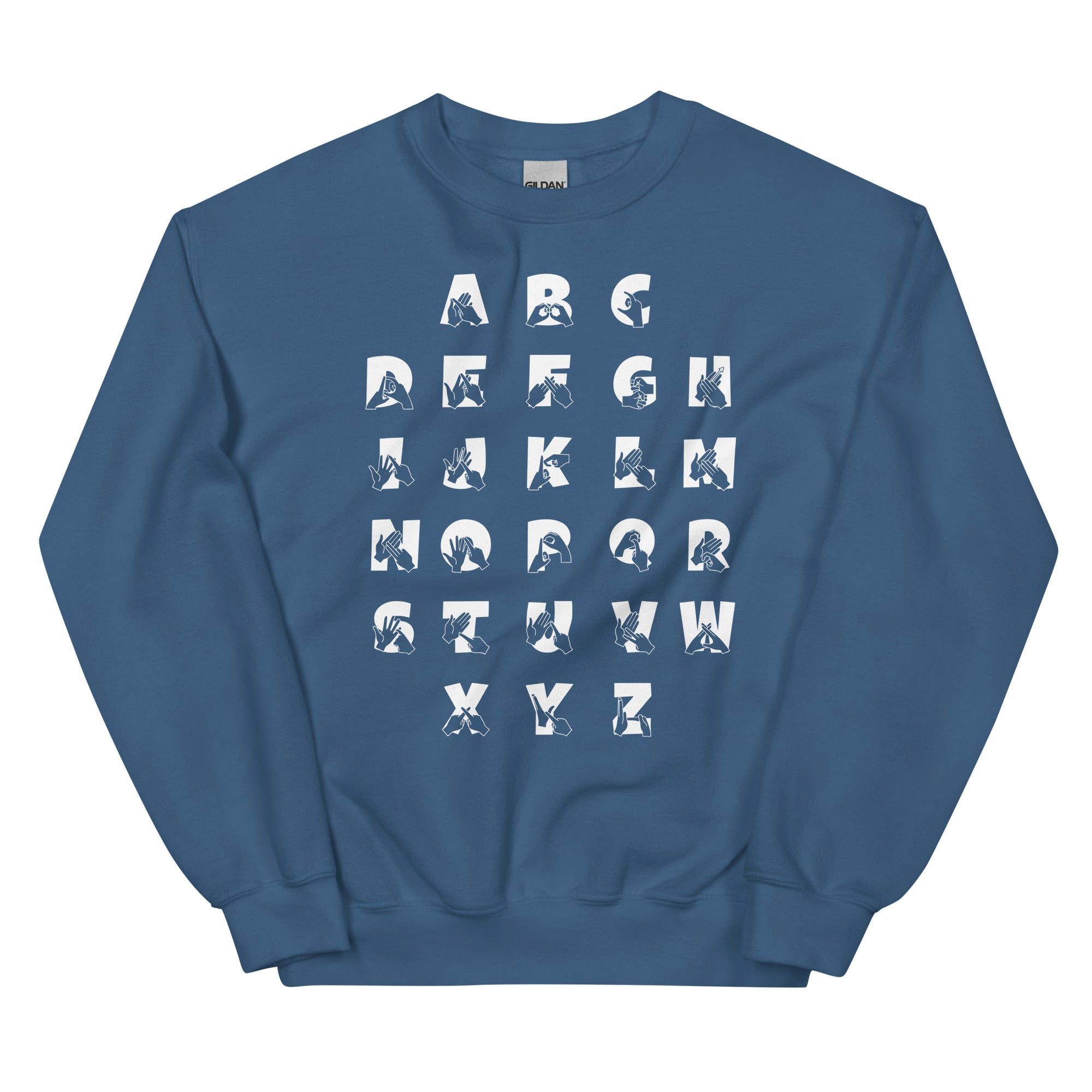 Front view of a indigo blue sweatshirt with BSL Alphabet - White Fingerspelling & Text
