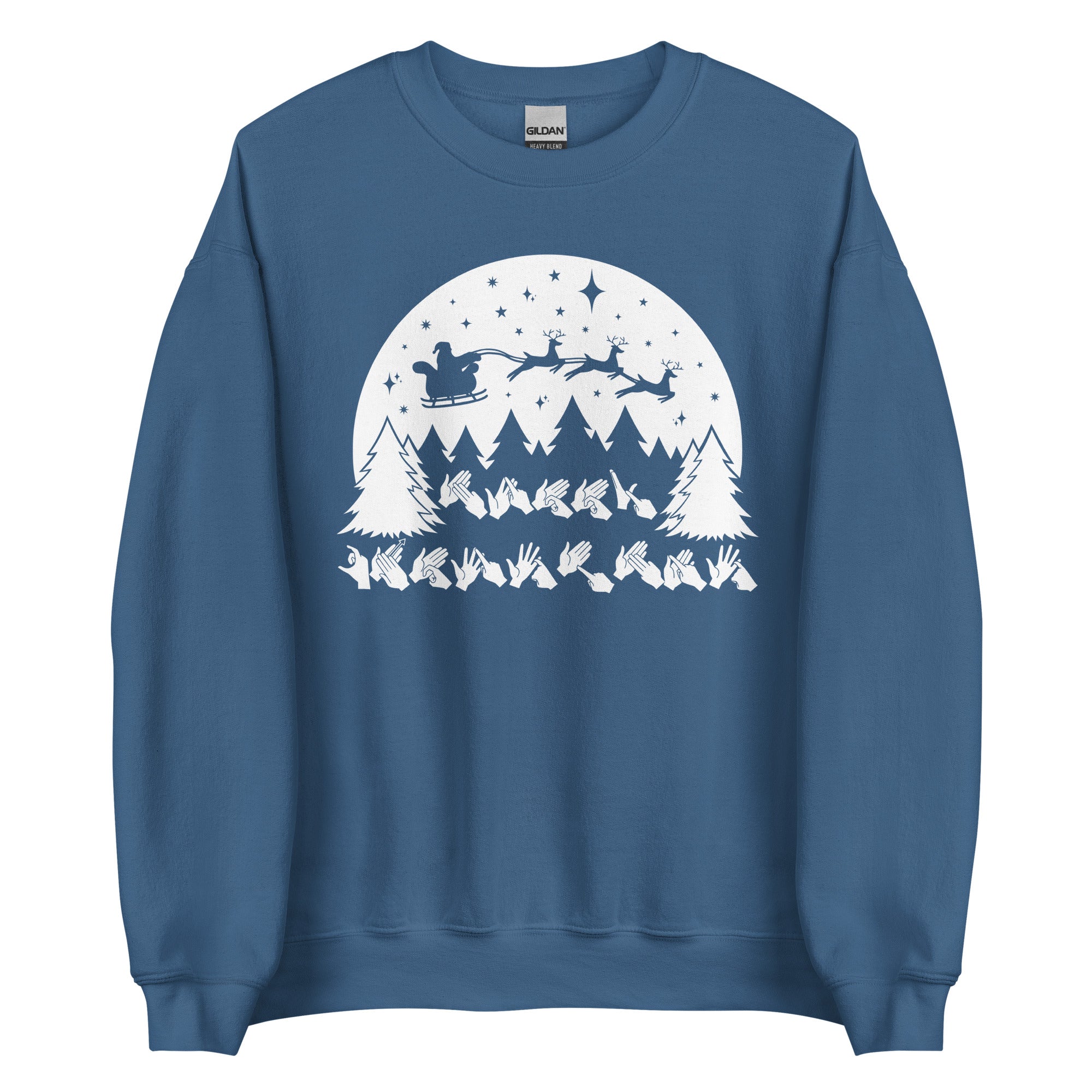 Indigo blue coloured Merry Christmas sweatshirt with Santa on his sleigh and BSL design.