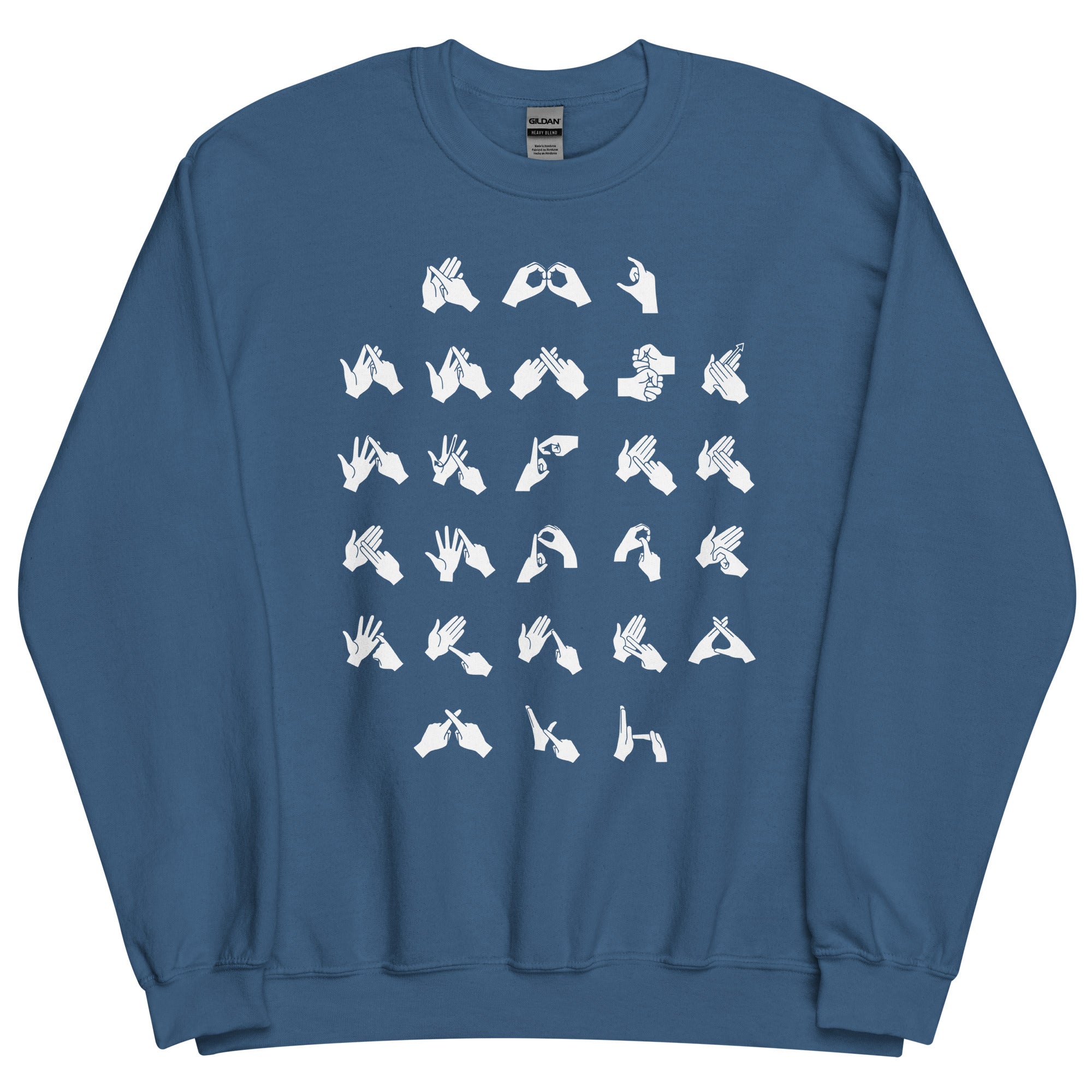 Front view of a indigo blue sweatshirt with BSL Alphabet - White Fingerspelling