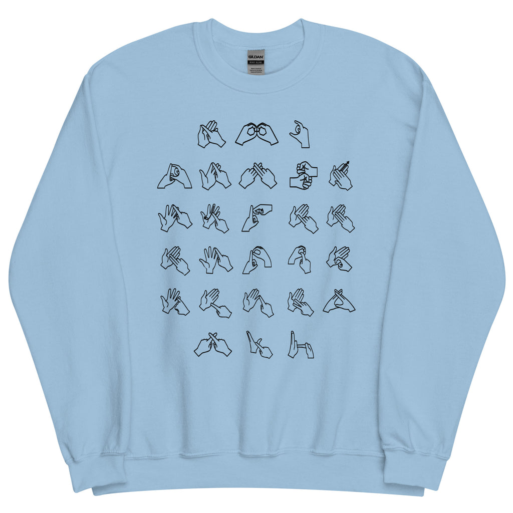 Front view of a light blue sweatshirt with BSL Alphabet - Black Fingerspelling