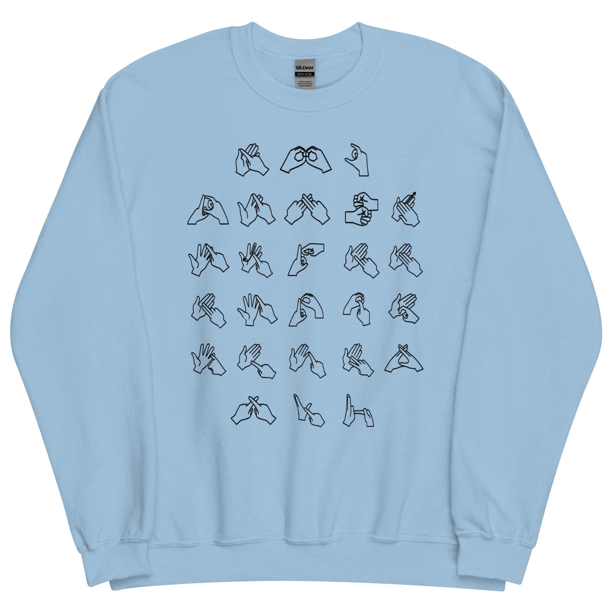 Front view of a light blue sweatshirt with BSL Alphabet - Black Fingerspelling