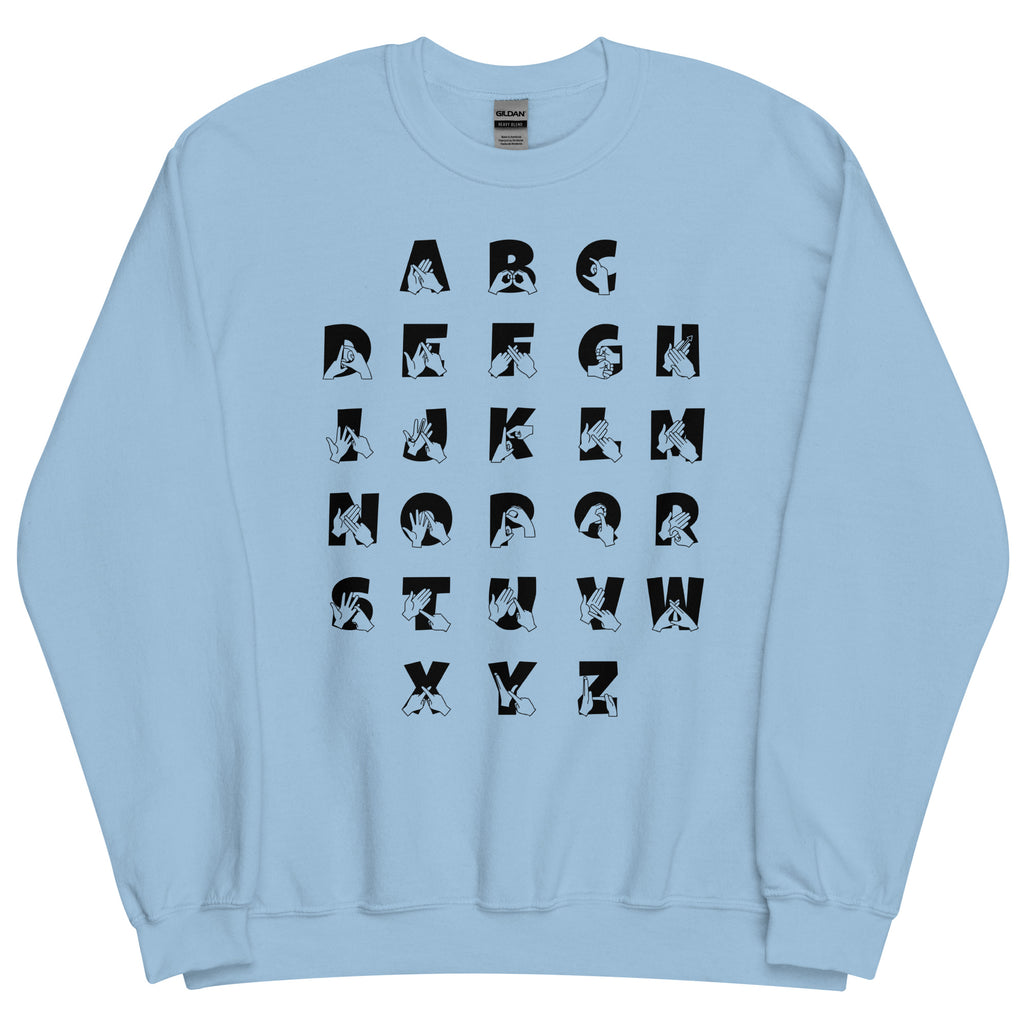 Front view of a light blue sweatshirt with BSL Alphabet - Black Fingerspelling & Text