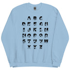 Front view of a light blue sweatshirt with BSL Alphabet - Black Fingerspelling & Text