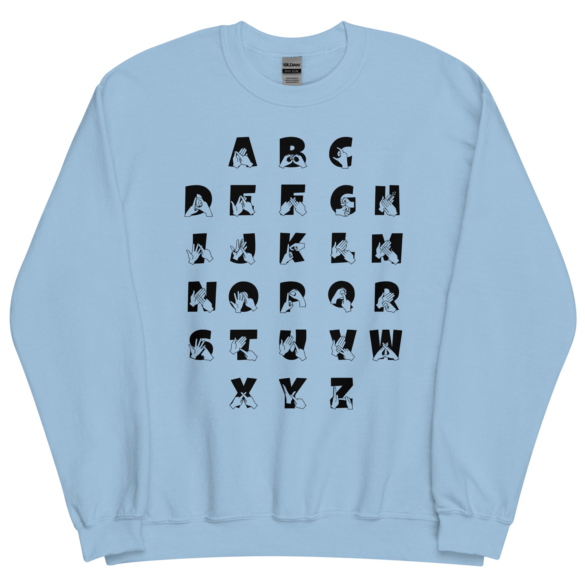 Front view of a light blue sweatshirt with BSL Alphabet - Black Fingerspelling & Text