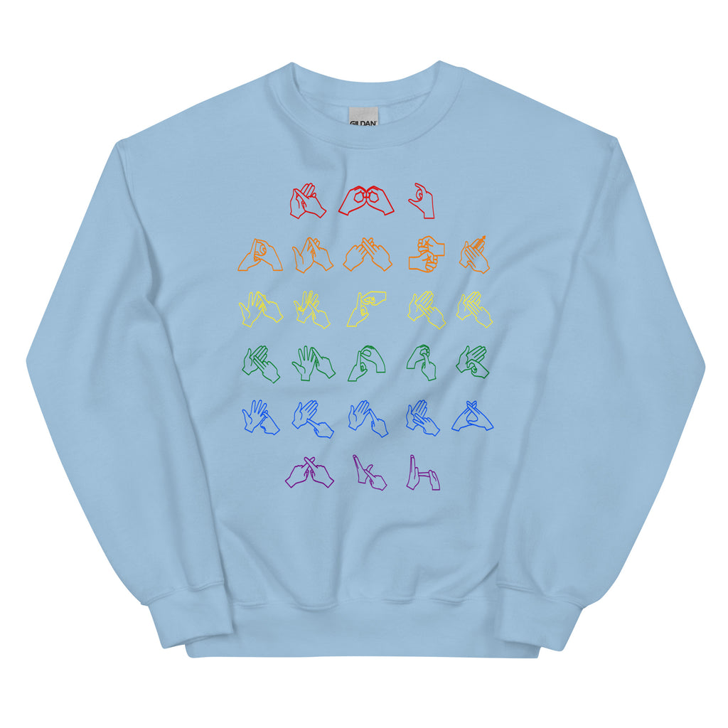 Front view of a light blue sweatshirt with BSL Alphabet - Pride Fingerspelling