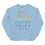 Front view of a light blue sweatshirt with BSL Alphabet - Pride Fingerspelling