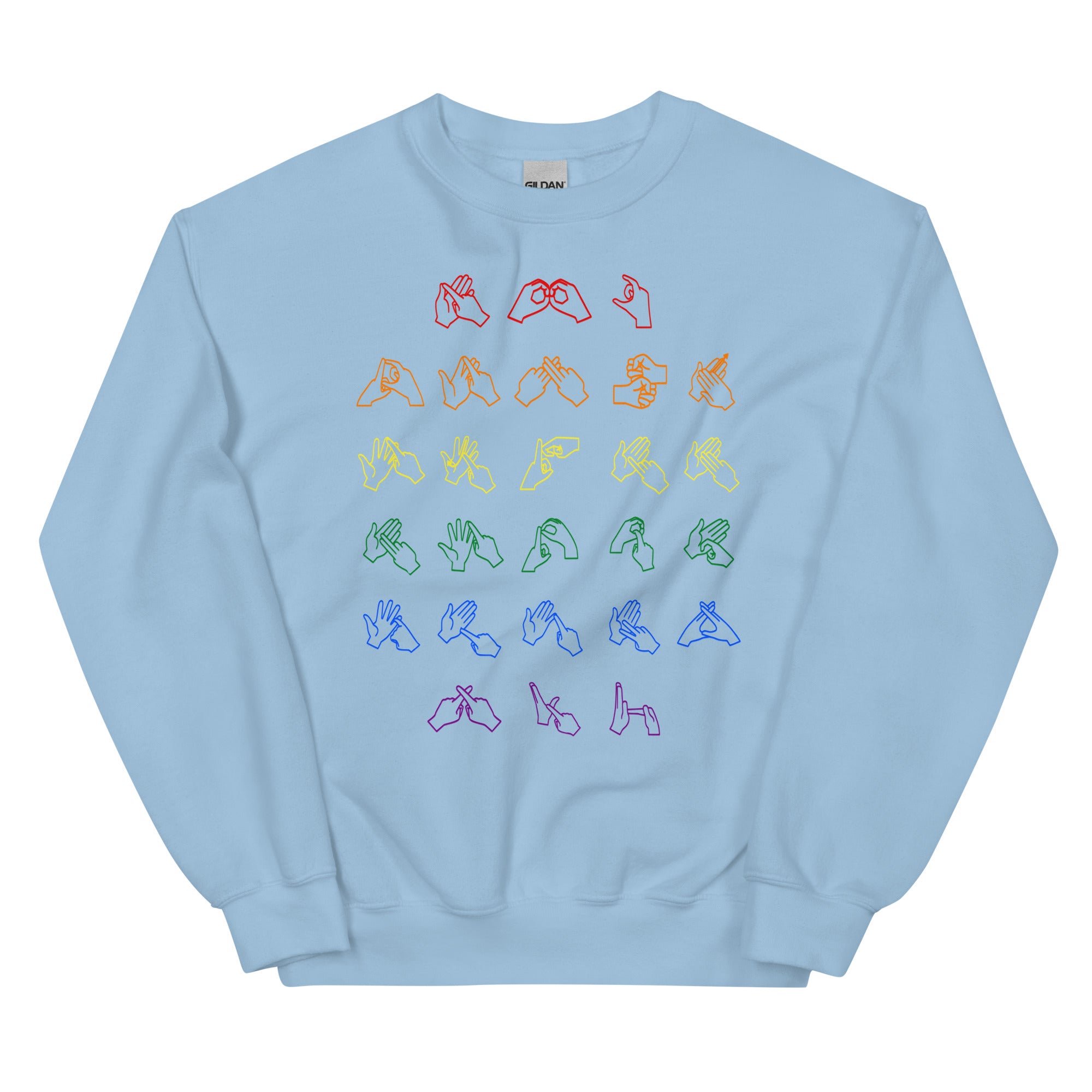 Front view of a light blue sweatshirt with BSL Alphabet - Pride Fingerspelling