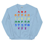 Front view of a sky blue sweatshirt with BSL Alphabet - Pride Fingerspelling & Text
