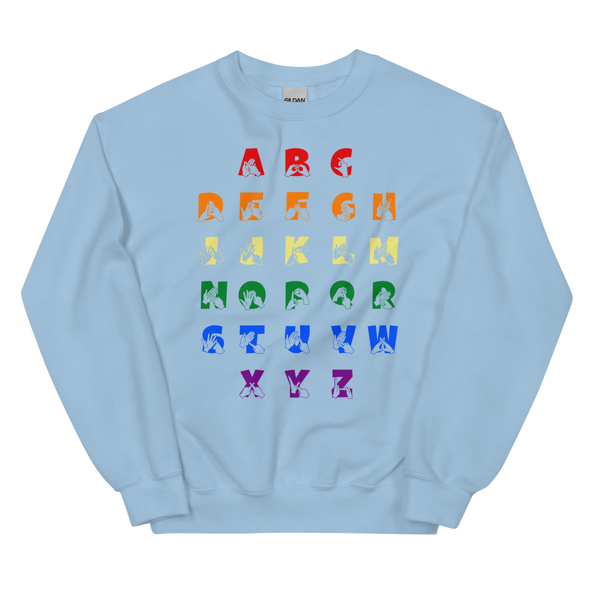 Front view of a sky blue sweatshirt with BSL Alphabet - Pride Fingerspelling & Text