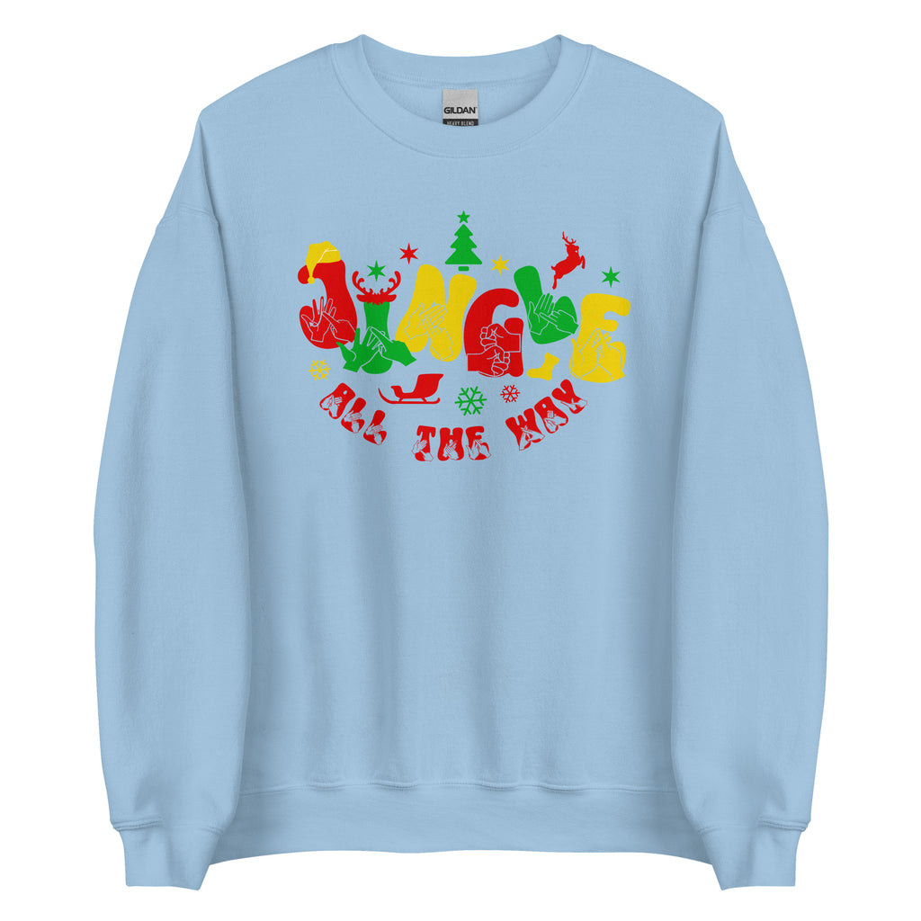 Light blue coloured Jingle All The Way sweatshirt with BSL design.