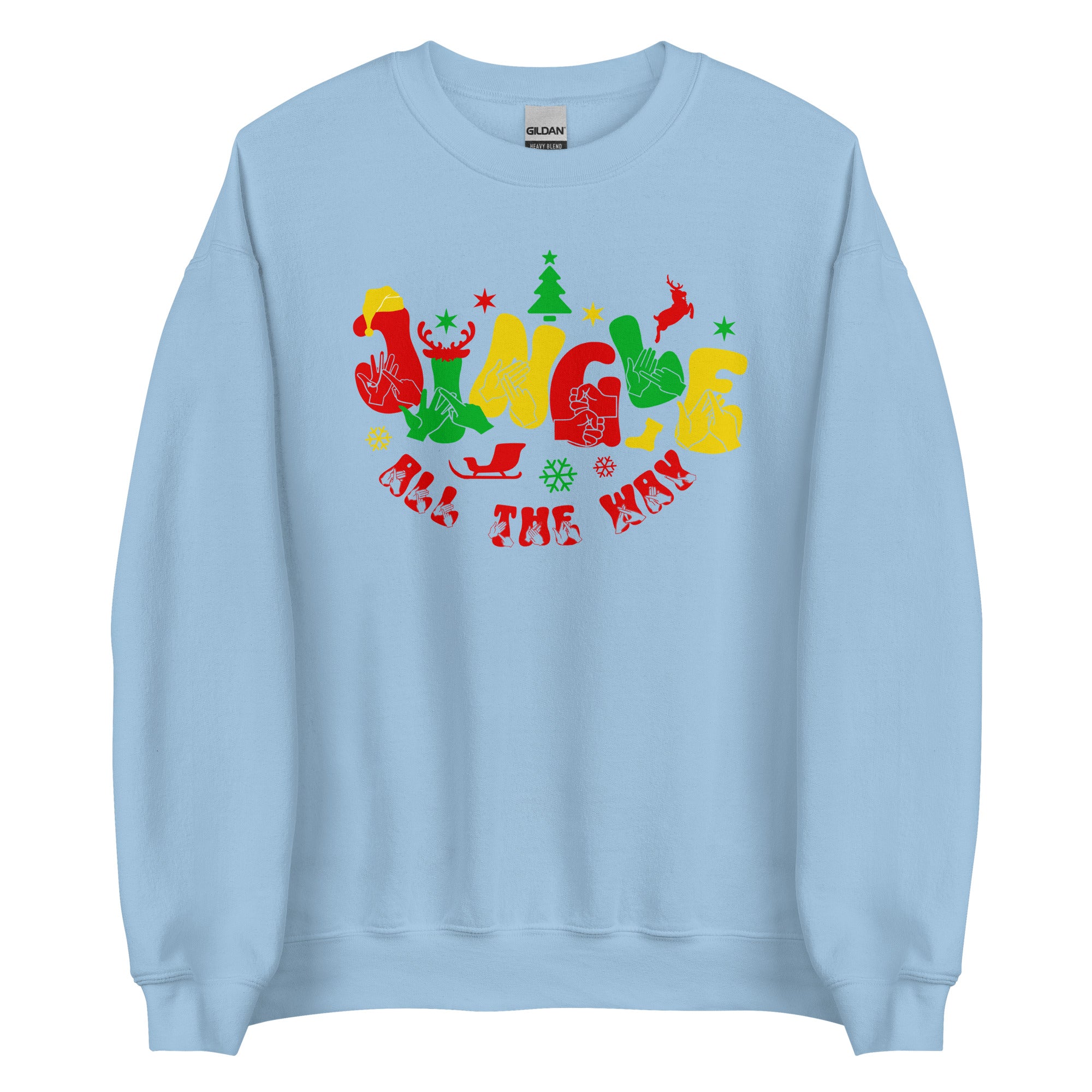 Light blue coloured Jingle All The Way sweatshirt with BSL design.