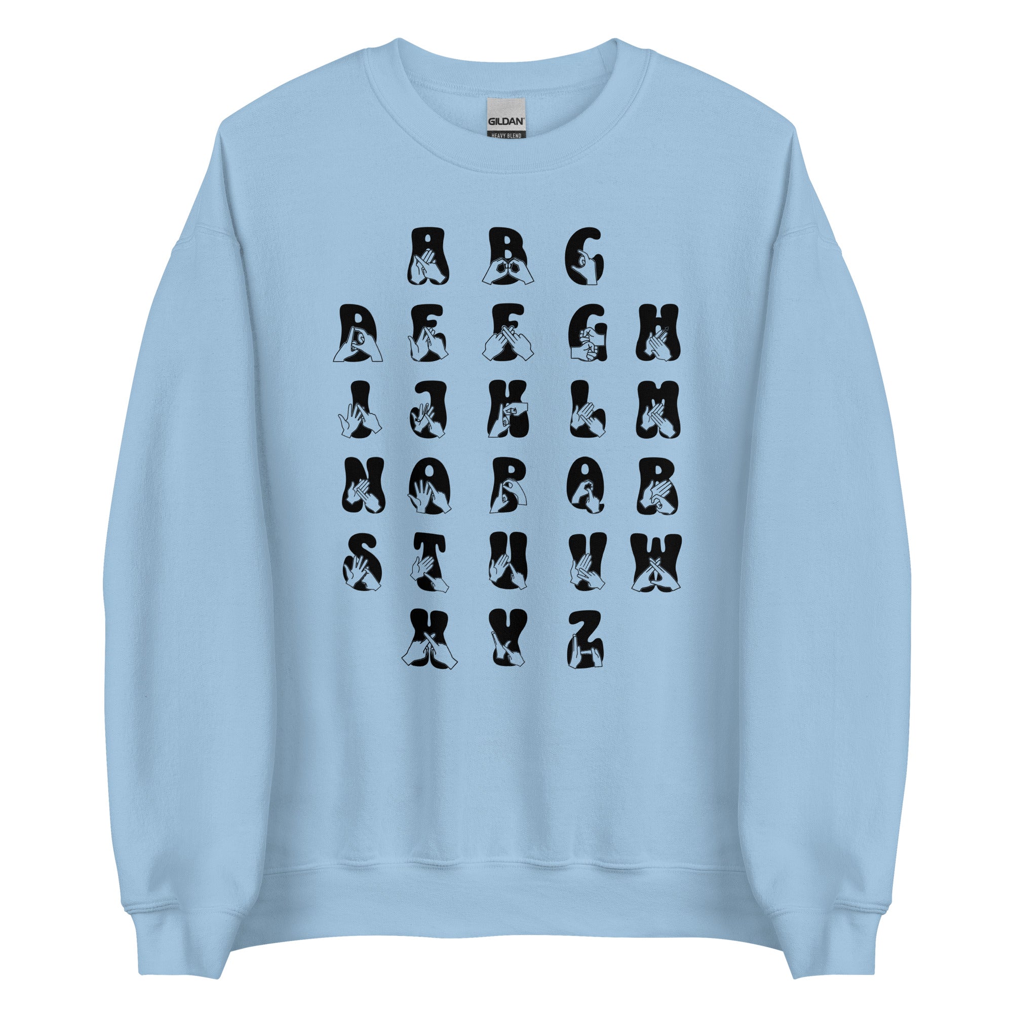 Front view of a light blue sweatshirt with BSL Alphabet - Black Fingerspelling & Text